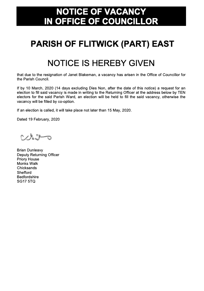 Notice of Town Councillor Vacancy February 2020