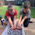 Boys holding giant millepede