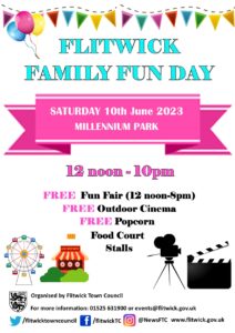 Colourful poster promoting family fun day. Free fun fair, free outdoor cinema, free popcorn, food court, stalls