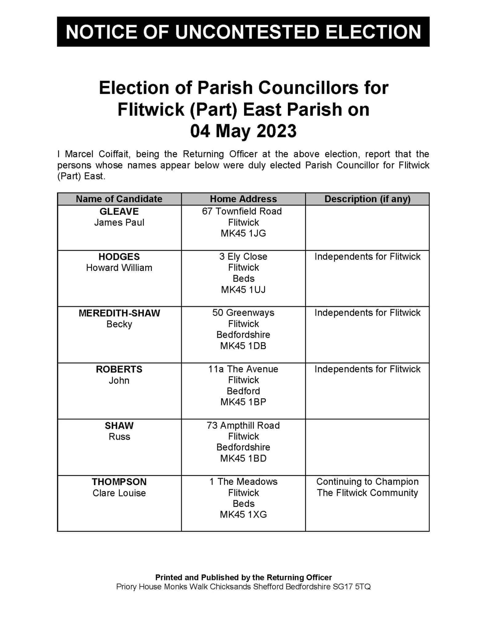 Notice of Uncontested Election for Flitwick Town Council Flitwick