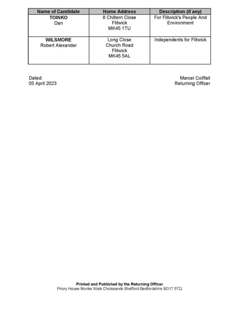 Notice of Uncontested Election for Flitwick Town Council Flitwick