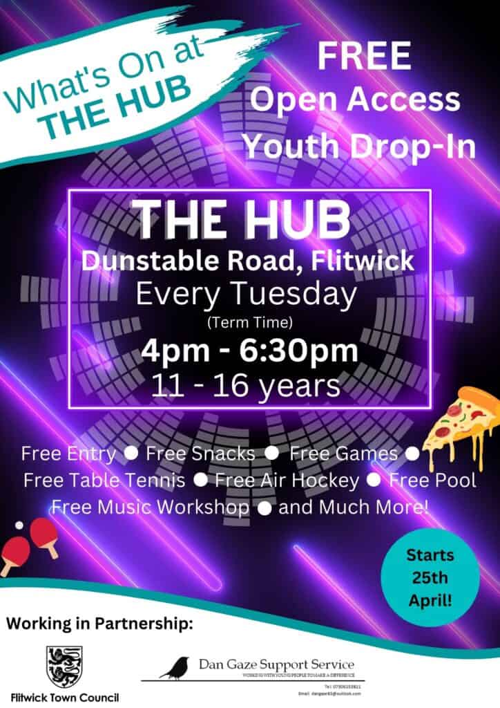 poster advertising drop in at The Hub for young people.