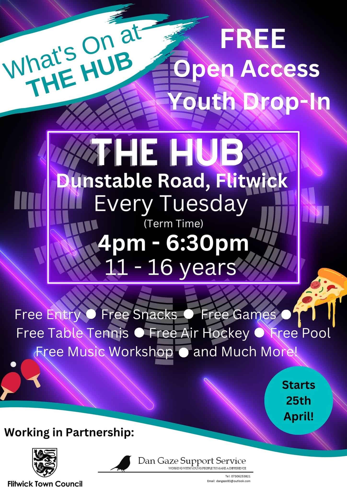 Hub Activities poster advertising drop in at The Hub for young people.