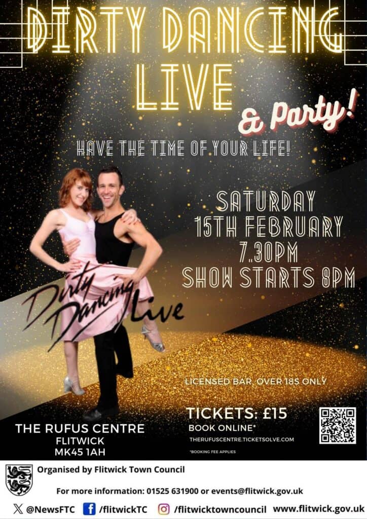 Black and gold poster advertising Dirty Dancing Live and Party