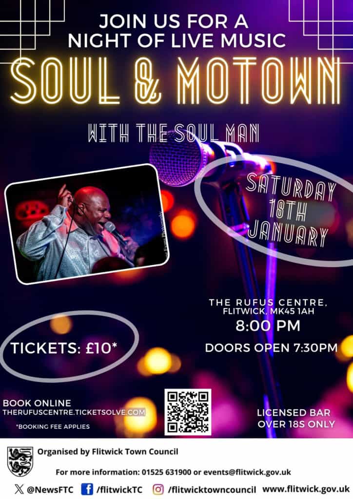 Purple poster advertising Soul and Motown with the Soul Man