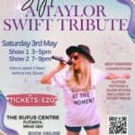 Blue, pink and purple poster advertising Taylor Swift tribute
