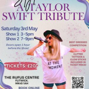 Blue, pink and purple poster advertising Taylor Swift tribute