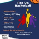Poster advertising free pop-up basketball sessions at the Hub