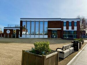 exterior shot of building with blue sky